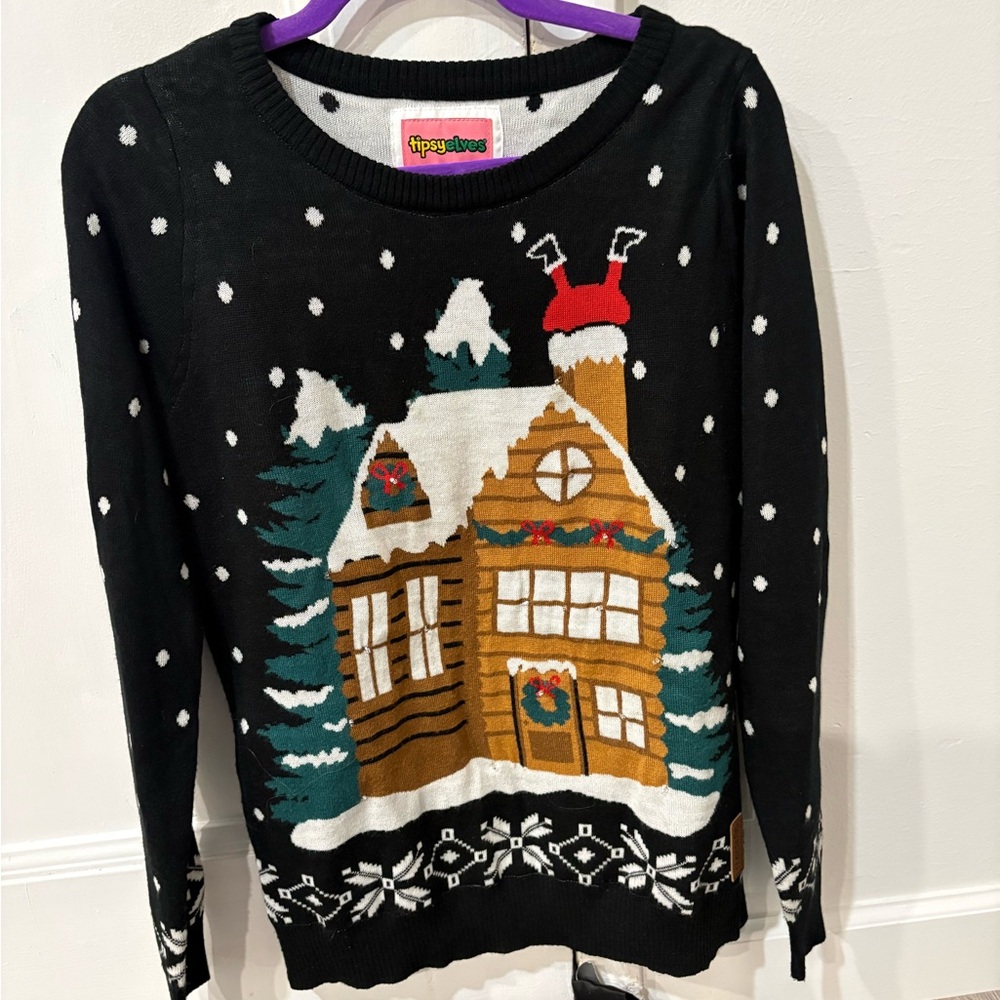 Tipsy Elves Black Sweater with Festive Cabin Design : LIGHTS UP!!!